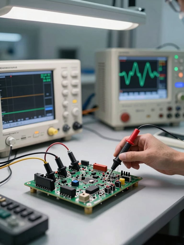 Close-up wide shot of a professional electronics test bench in operation — oscilloscope probes connected to a circuit board under clinical overhead lab lighting, measurement cables organized across the bench surface, technical equipment displays showing waveforms in the background, neutral even daylight, no people visible