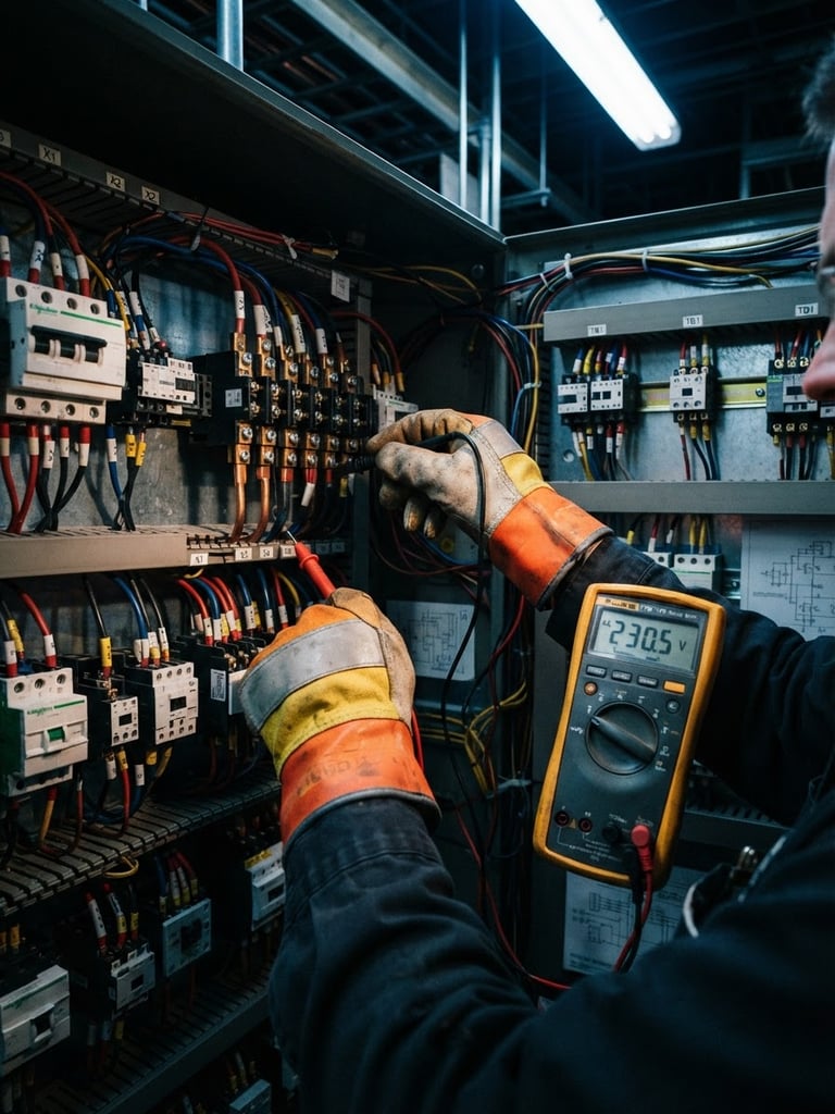 Dynamic close-up of a technician's hands in high-visibility protective gloves using a digital multimeter to test an open electrical control panel. Moody, high-contrast industrial lighting with sharp metallic reflections on copper wiring and steel casing, safety yellow accents, deep blue shadows, 35mm.