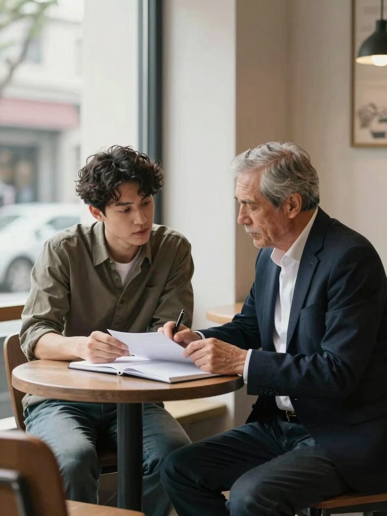 Medium shot of two people seated across a small coffee shop table, one younger and one older professional, both looking down at an open notebook, natural daylight from a large window to the left, relaxed casual conversation framing, no eye contact with camera