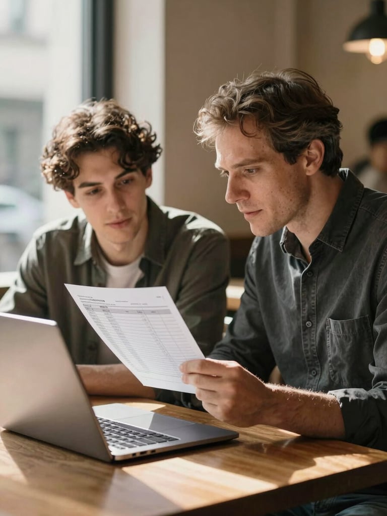 Medium shot from the side — a mentor and mentee seated at a café table, both leaning toward an open laptop; the mentee holds a printed salary spreadsheet; natural window light falls across the table surface and document edges; warm interior background, unposed and conversational