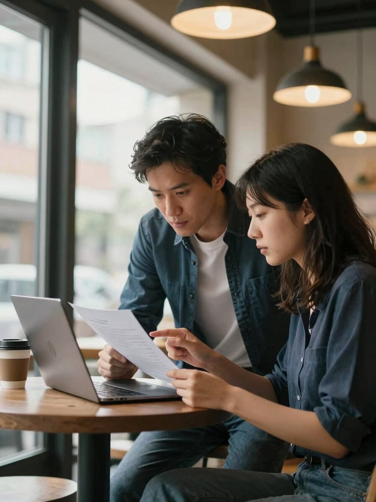 Medium shot from the side, two people seated at a small café table under natural window light — a mentor in their late twenties leans forward over an open laptop, pointing at something on screen while a recent graduate holds a printed document and listens closely. Coffee cups on the table. Warm overhead café lighting, no posed smiles, candid working conversation.