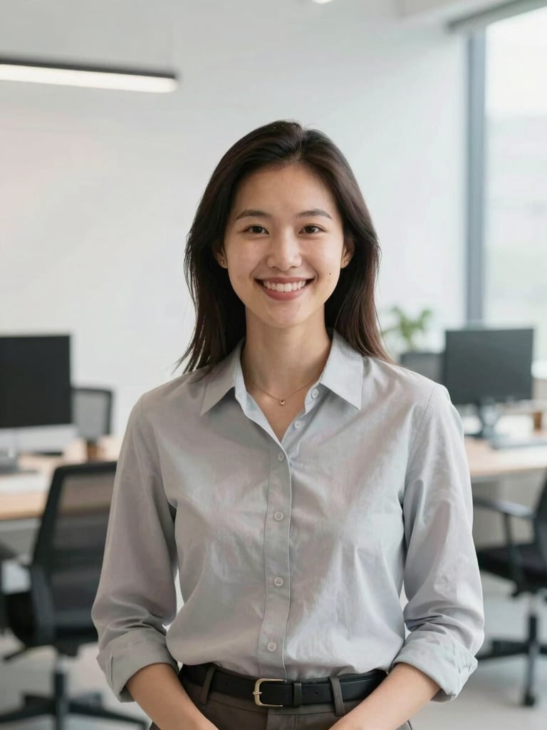 A medium-close environmental portrait of a professional market researcher smiling in a bright minimalist office, soft daylight, shallow depth of field, 35mm