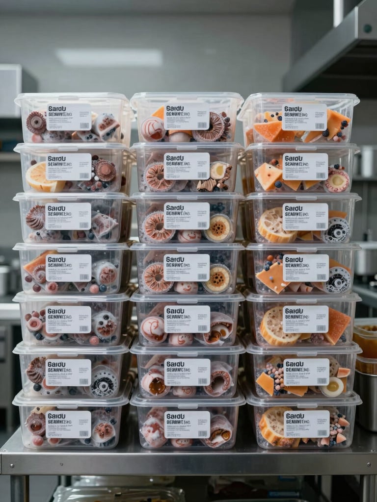Straight-on shot of neatly stacked frozen food boxes on commercial kitchen shelving, cool neutral studio lighting, clean industrial background, labels facing forward