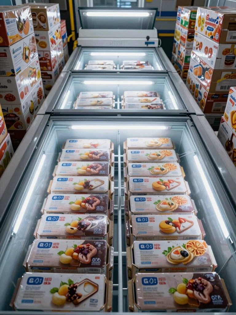 Wide overhead view inside a commercial walk-in freezer, frozen product cartons arranged in orderly rows under cool fluorescent light, food-safe environment, no people