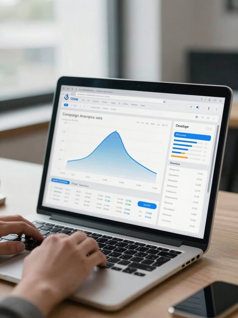 Close-up of a laptop screen displaying a campaign analytics dashboard — conversion funnel chart and ad spend metrics visible — on a clean desk under cool office window light, hands resting on keyboard in context, 3/4 wide shot