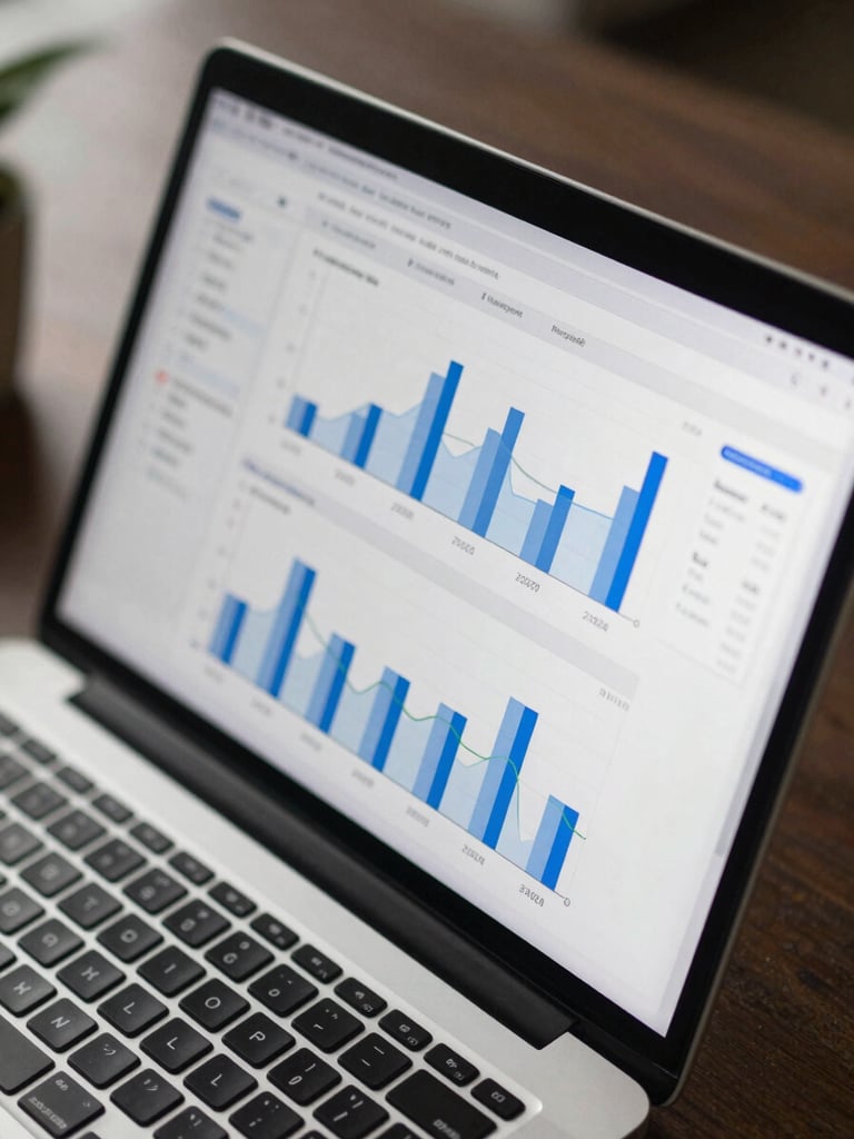 Close-up overhead shot of a laptop screen displaying a digital marketing analytics dashboard with campaign performance charts and blue metric graphs, keyboard visible at bottom edge, soft daylight from left, dark desk surface
