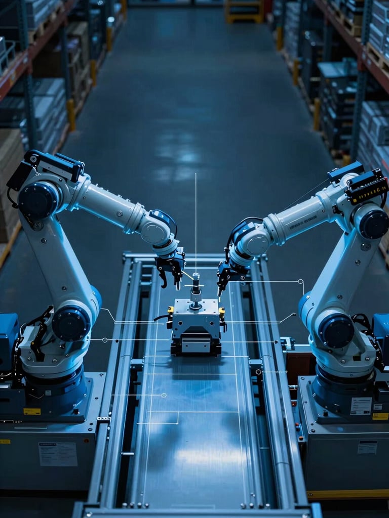 Symmetrical overhead shot of automated warehouse floor, high-contrast cool blue studio lighting, mechanical robotic arm executing precise maneuvers, technical overlay lines