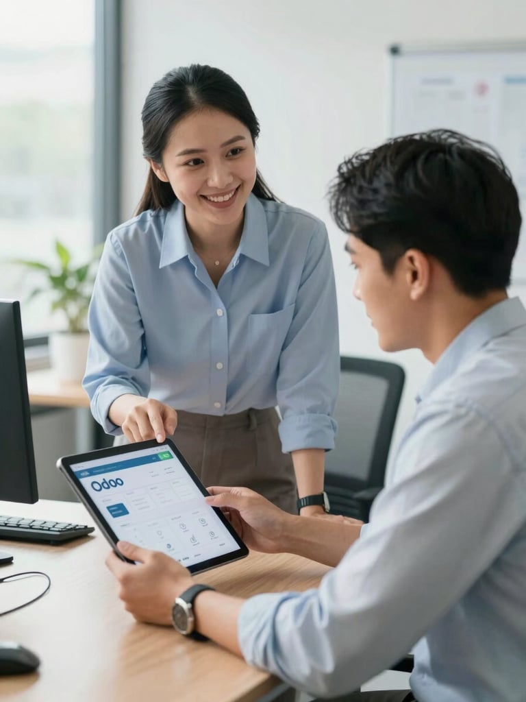 A supportive Indonesian female trainer smiling and guiding a local office worker on a tablet showing Odoo dashboard, warm natural office light, professional setting