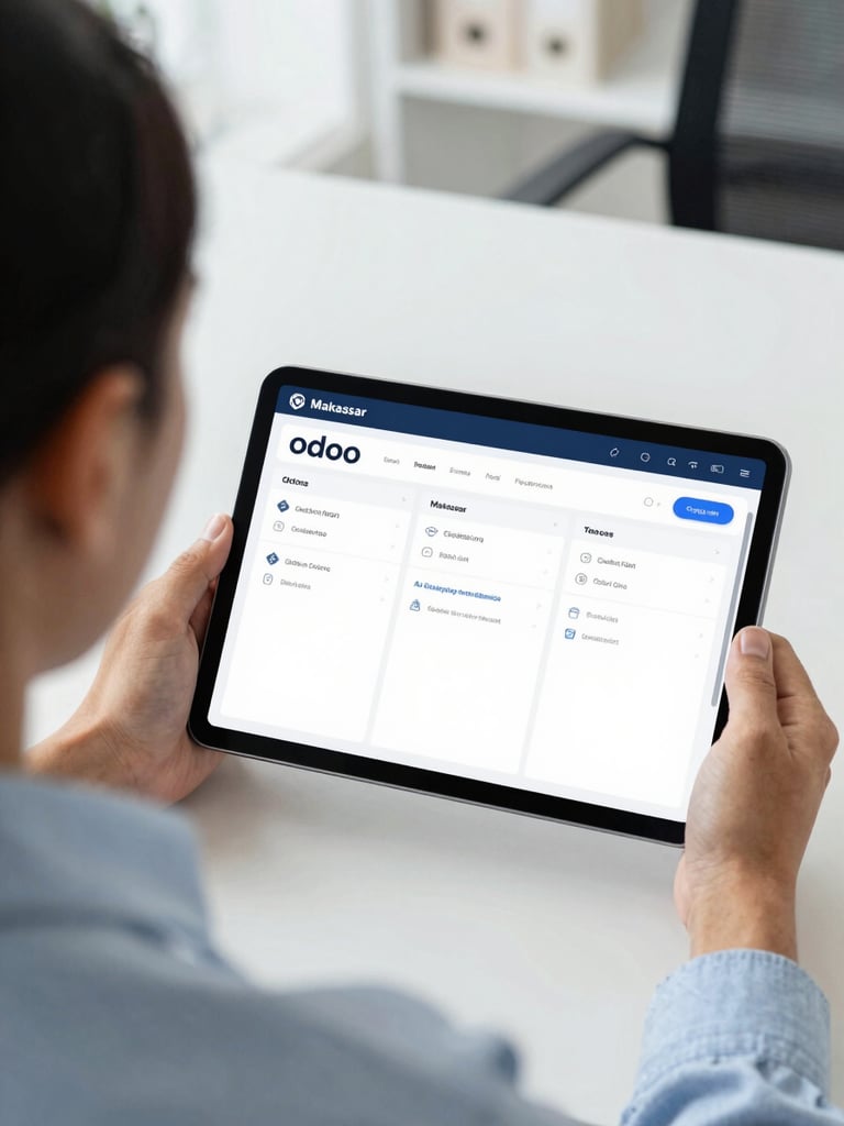 Over the shoulder shot of a business owner in Makassar reviewing a clean Odoo dashboard on a tablet, bright natural office lighting, professional cool tones, 35mm lens