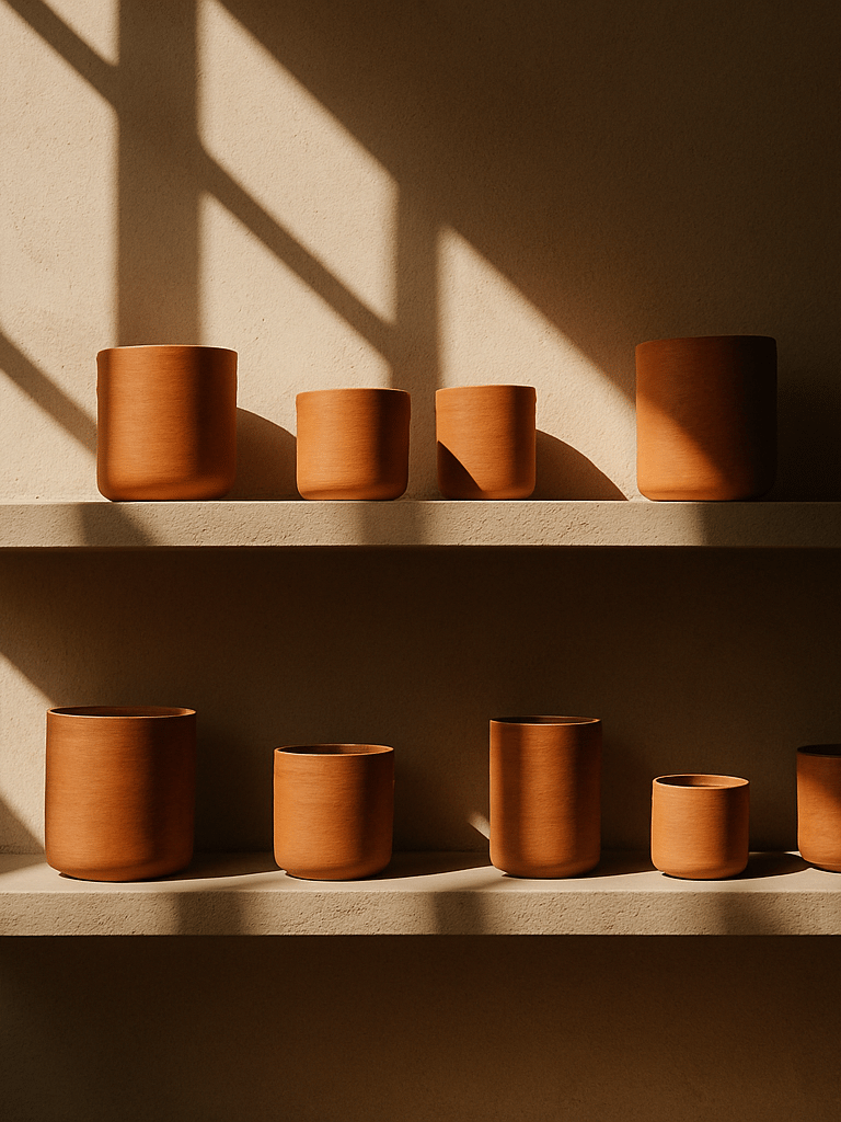 Warm minimalist showroom interior in Morelia, sunlit window casting dramatic geometric shadows on terracotta candle vessels arranged on concrete shelves, medium format film.