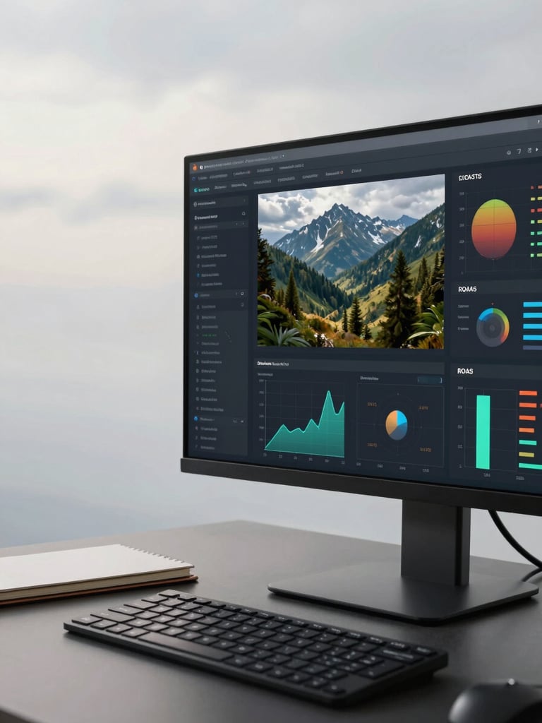 Wide environmental shot of a campaign analytics dashboard on a large monitor, overcast studio light, no warm cast, data visualizations and ROAS charts visible on screen, keyboard and notebook in foreground, right-aligned composition with negative space on left
