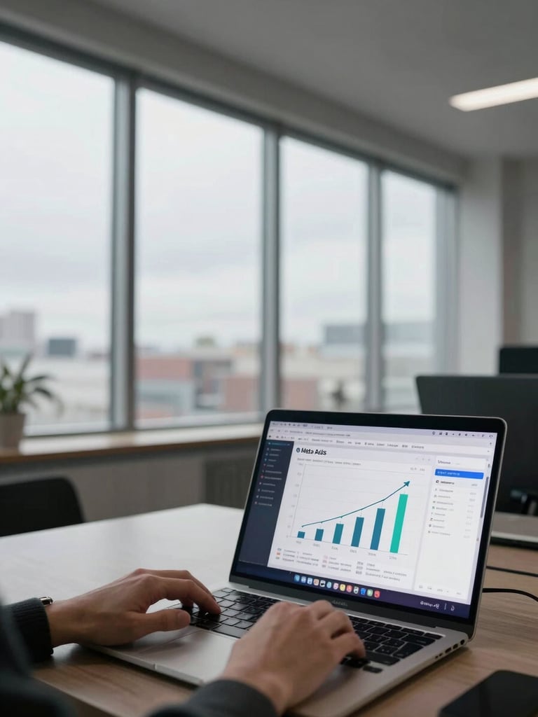 Wide-angle view of a professional agency workspace, a laptop screen in the foreground displaying a Meta Ads campaign performance dashboard with upward-trending ROAS chart, hands resting on keyboard, overcast daylight from large windows, muted gray environment, left-third composition with open space to the right