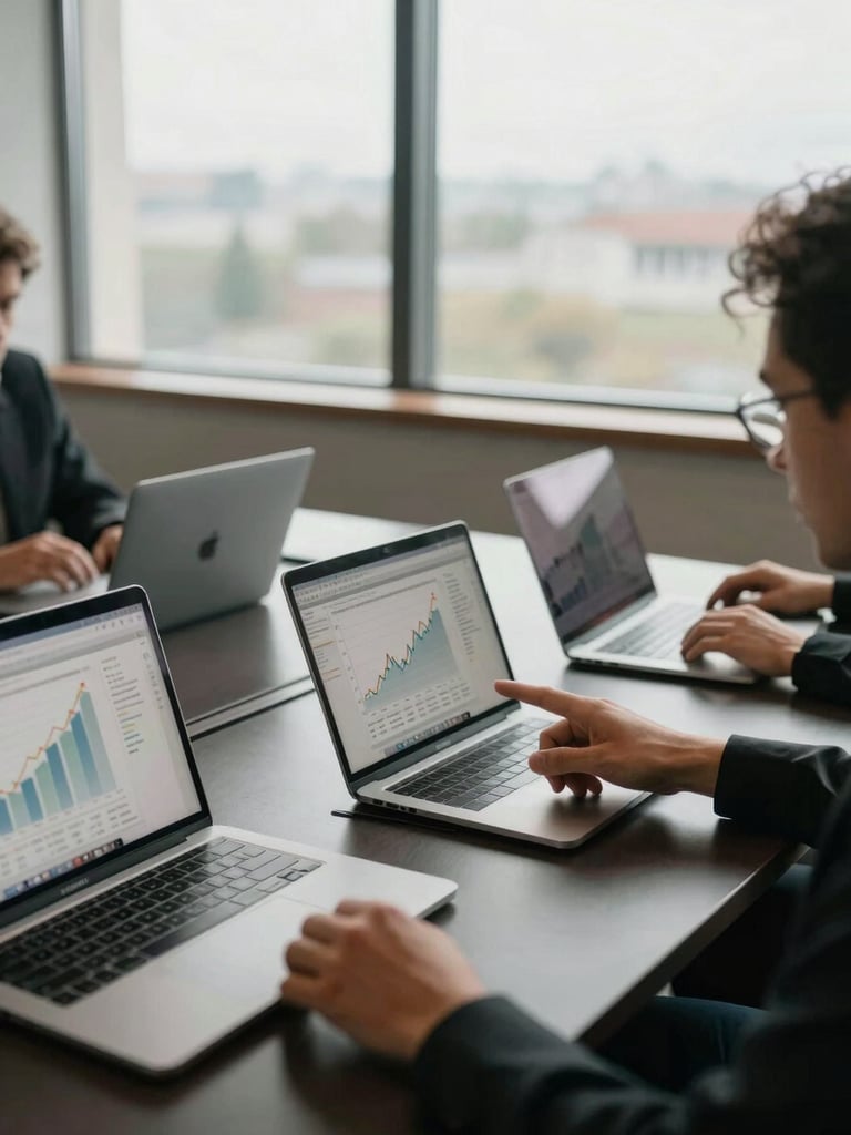Close-up overhead view of a strategy session at a conference table, open laptops showing growth charts and ad performance data, hands pointing at screen, overcast daylight from large windows, dark surface, no warm cast, left-third composition with negative space on right