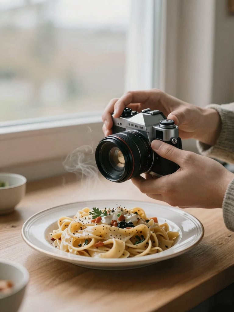 Hands adjusting a vintage camera lens over a plate of steaming heritage pasta, soft overcast window light, warm parchment tones, cozy Scandinavian aesthetic.