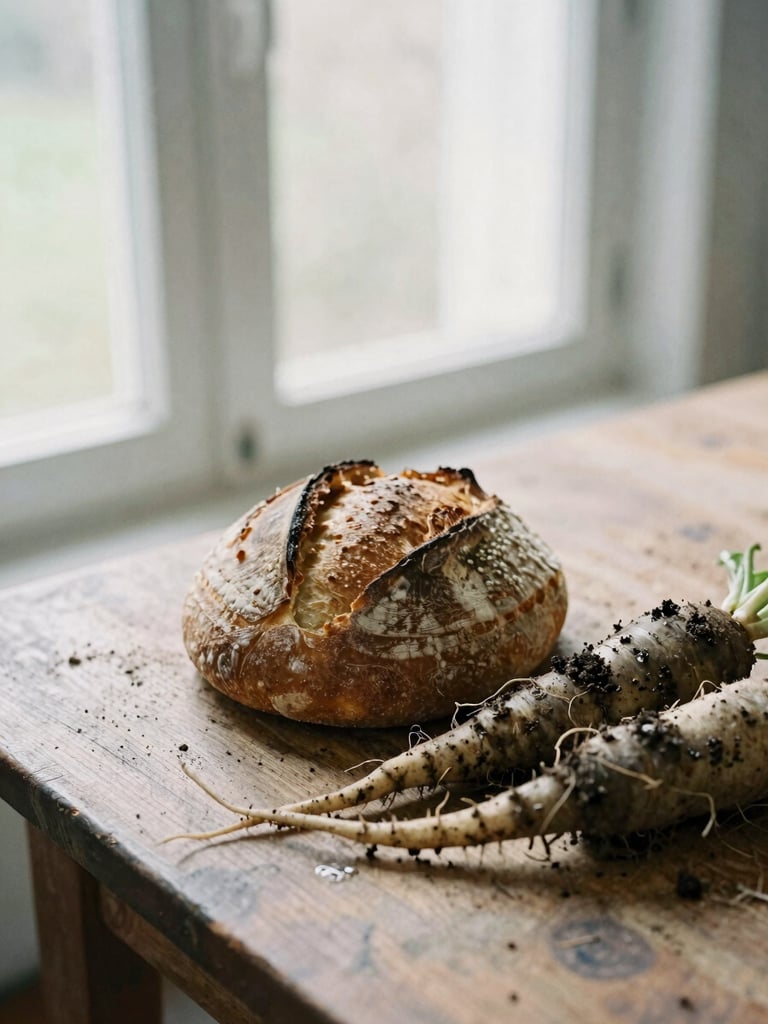 Soft natural window light illuminating a rustic table with fresh sourdough bread, damp soil on root vegetables, desaturated organic tones, 35mm film aesthetic.