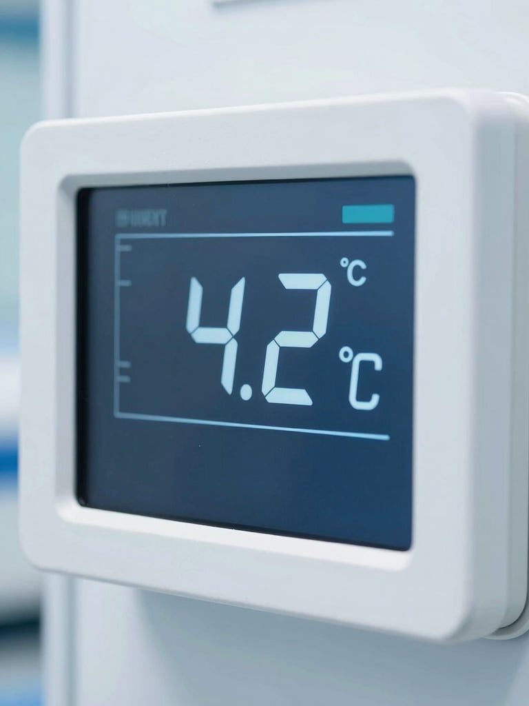 Macro shot of a digital temperature telemetry screen showing 4.2°C inside a clinical cargo hold, sterile white background, sharp focus