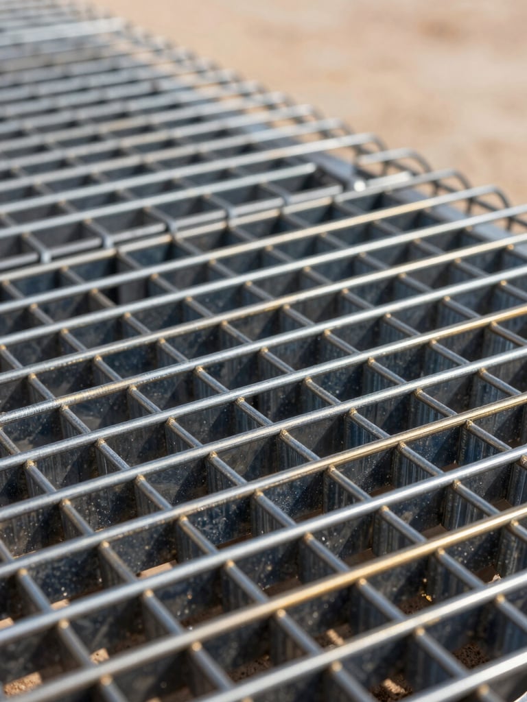 Close-up of industrial galvanized steel wire mesh, showing precise welds and thick zinc coating, professional technical photography, sharp focus