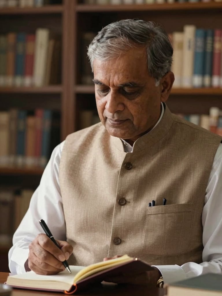 A medium close-up of a mature Indian man, around 55 years old, wearing a simple Nehru jacket, writing in a notebook in a quiet, well-lit library in Lucknow. Soft natural indoor daylight, focused and dignified expression.