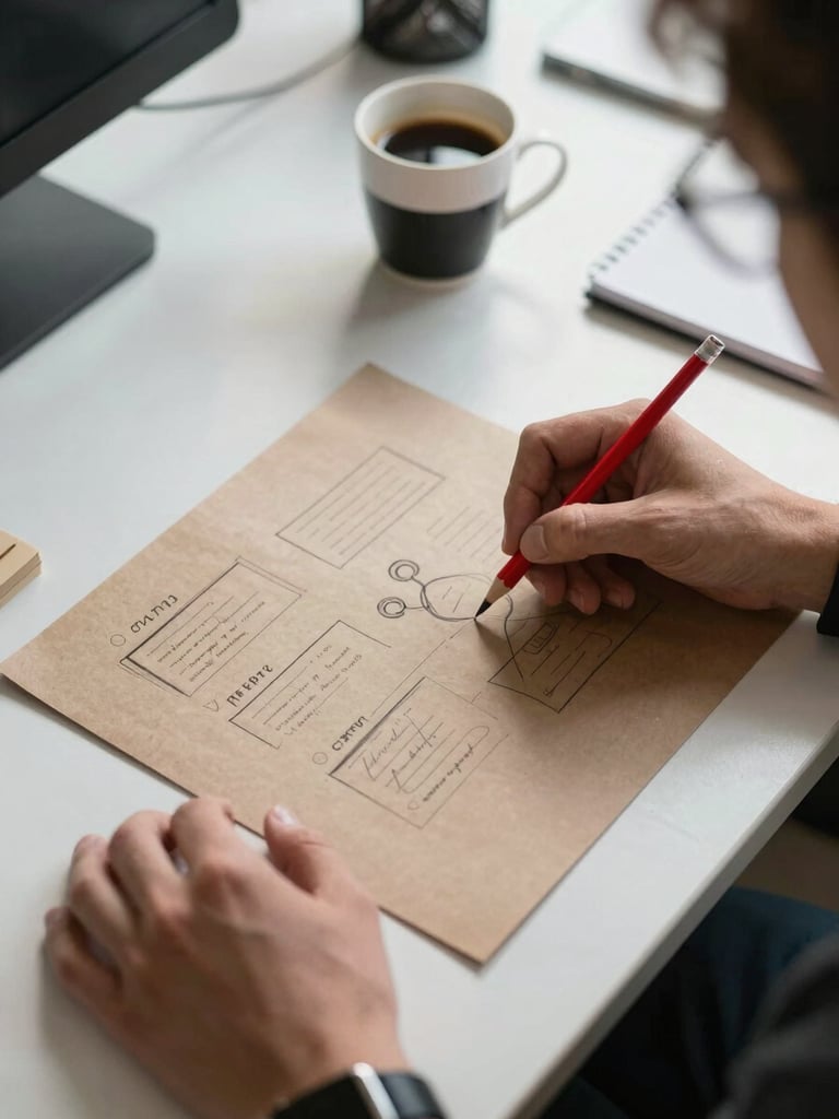 Close overhead shot of agency workspace, hands sketching a content plan on kraft paper with a red pencil, a small espresso cup at the edge, north-facing daylight from a window casting soft shadows, real and unposed