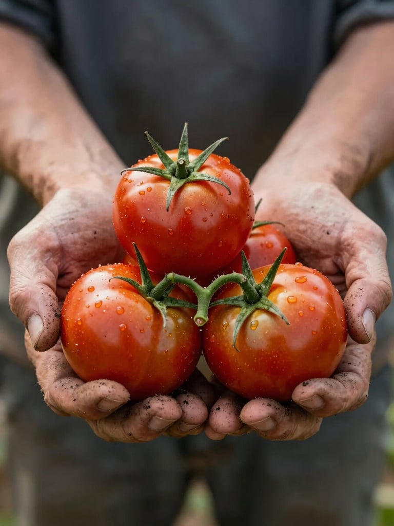 Close-up of weathered hands holding a cluster of ripe tomatoes just harvested, north-facing daylight, soil-dusted fingers, shallow depth of field, warm natural tones, no artificial lighting