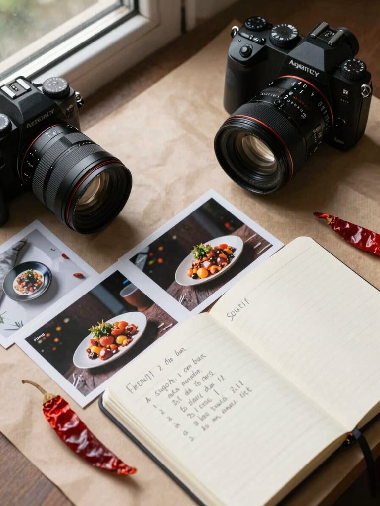 Agency workspace overhead flat-lay: a camera body, printed contact sheets of food photography, a notebook open to handwritten shot-list notes, and a single dried chili on a parchment-toned surface, north-facing window light raking across the paper