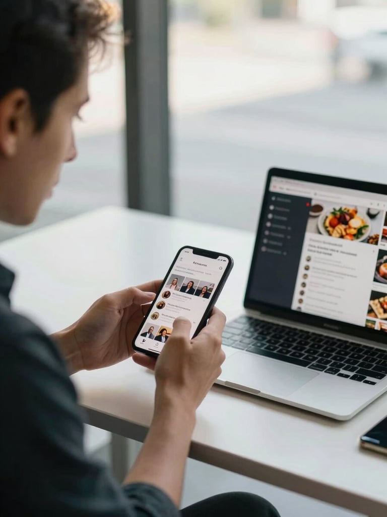 Agency team member at a standing desk reviewing a phone screen showing social media posts, a laptop open beside them with food photographs visible, afternoon window light, relaxed and focused, real workspace environment