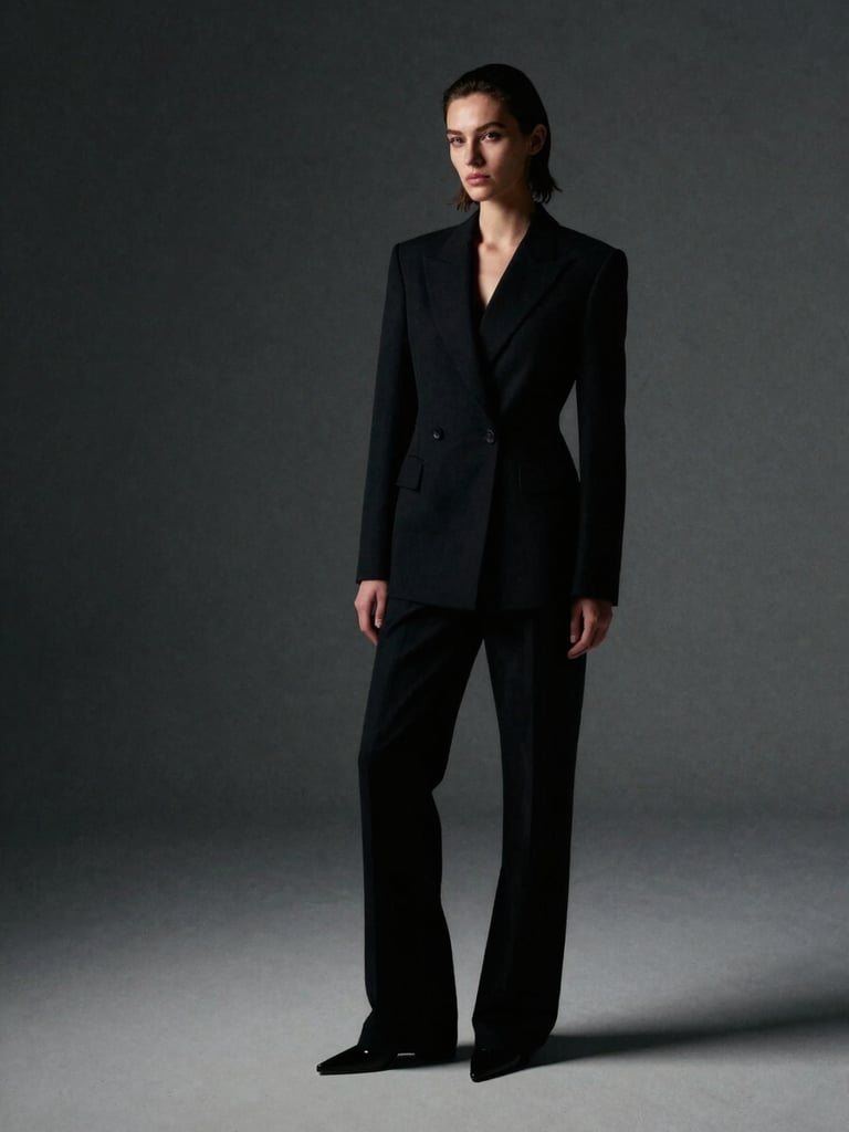 Full-length editorial portrait of a female model in a minimal dark studio, standing three-quarters to camera, wearing structured black fashion, soft north-facing studio light sculpting the silhouette, generous negative space to the left, film-still quality, high contrast