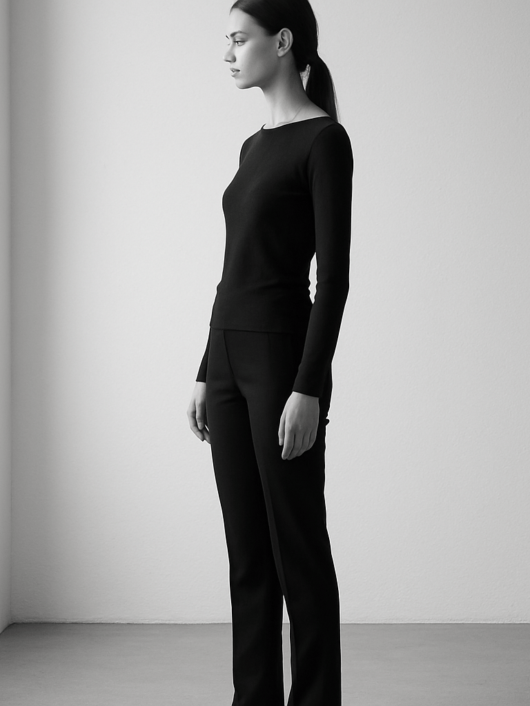 Wide studio shot, model standing in three-quarter profile near a tall white cyclorama wall, soft north-facing daylight from the left, full-body environmental portrait showing clean lines of posture, minimal shadow, high contrast black-and-white tones, professional documentation aesthetic
