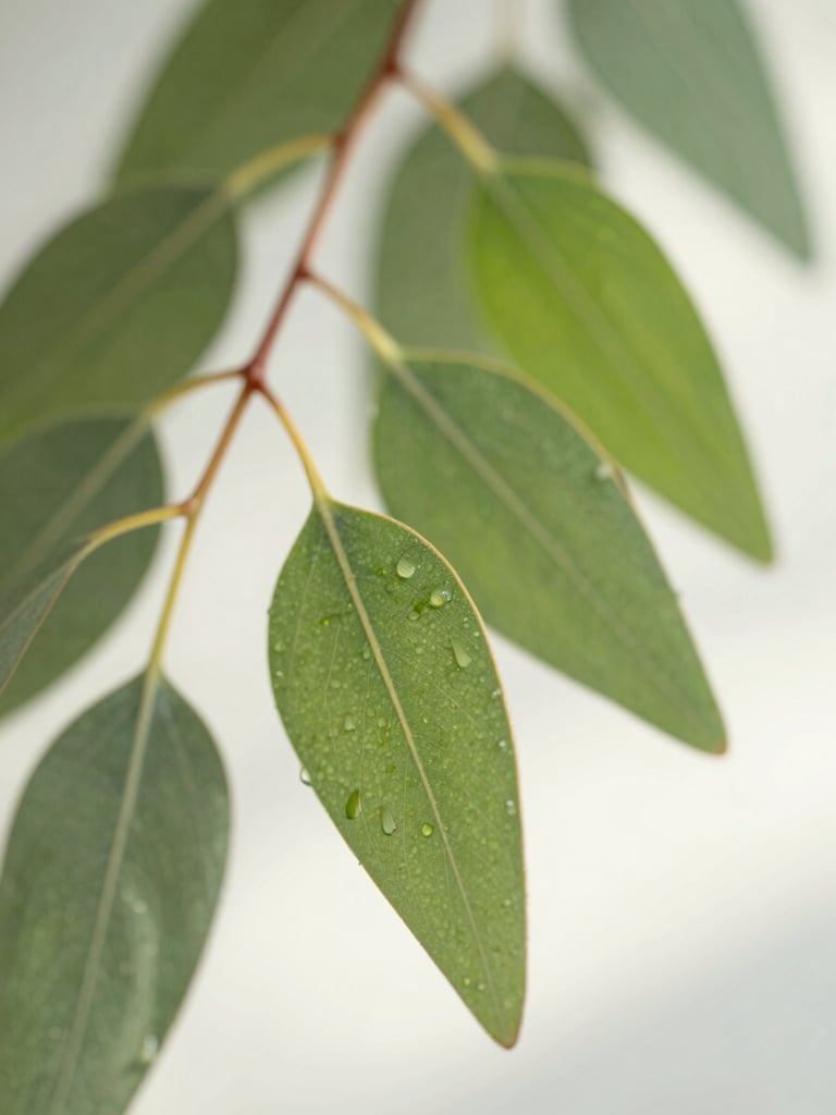 Macro shot of fresh green eucalyptus leaves with delicate water droplets, soft morning sunlight, clean and calming biophilic composition.