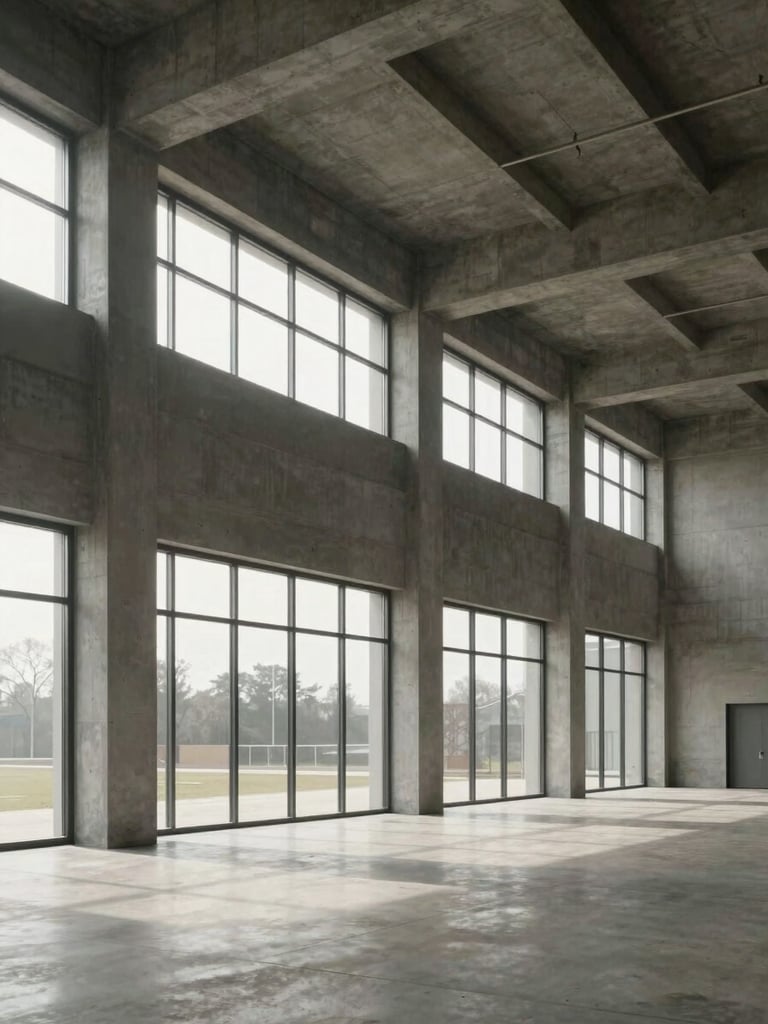 Sleek, architectural modern warehouse interior with high concrete ceilings, soft natural morning light filtering through high windows, minimal and clean aesthetic.