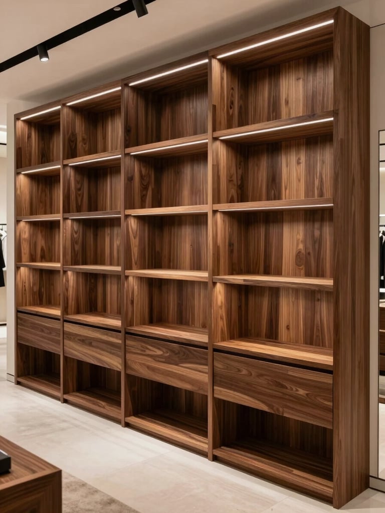 Completed luxury retail shop interior, bespoke dark-walnut display shelving, warm overhead accent lighting on wood surfaces, empty space showing precise joinery and material finish, wide environmental shot, no props or mannequins