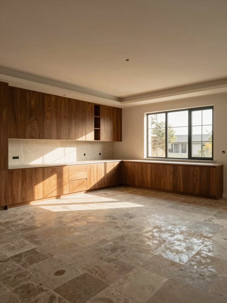 Wide-angle view of a completed bungalow living and dining area, walnut cabinetry meeting stone flooring, soft golden-hour window light, empty room pre-occupancy showing spatial scale and material transitions, eye-level standing perspective