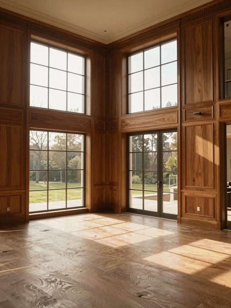 Wide interior of a completed luxury villa living space, warm north-facing daylight streaming from tall windows onto walnut-panelled walls, empty room showing spatial proportion and precise joinery, soft golden afternoon light, eye-level perspective