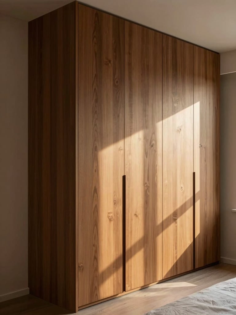 Eye-level view inside a completed villa master bedroom, walnut-veneer wardrobe wall filling the right frame, soft golden-hour window light raking across the grain, precise flush door reveals visible, no props, room as built