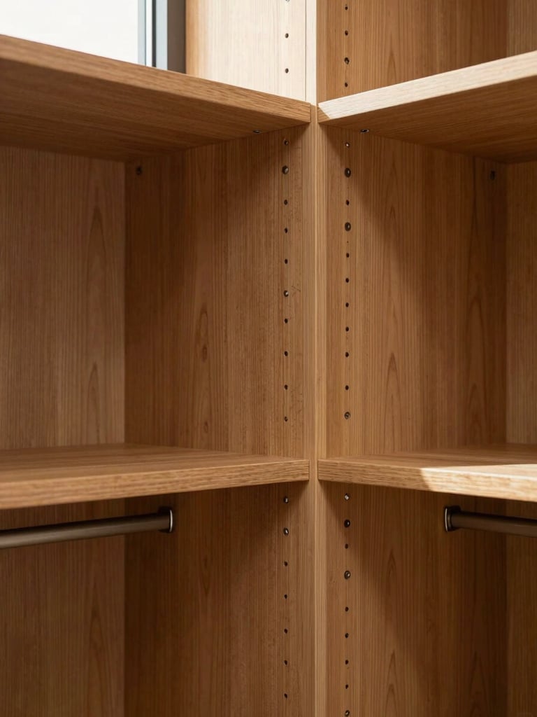 Close-up of a bespoke fitted wardrobe interior, warm oak grain, precise dovetail joinery visible at a corner, north-facing window light raking across the wood surface to reveal texture, no props or styling