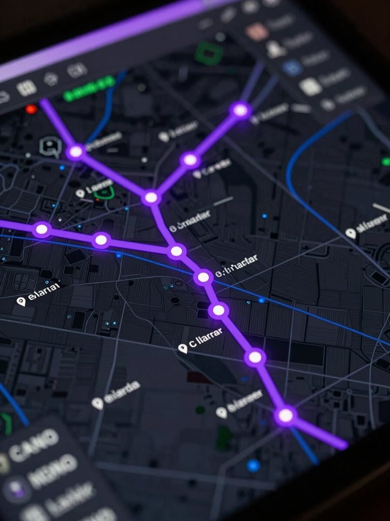 Close-up cinematic shot of a high-resolution digital map interface showing layered GPS route data, real-time vehicle position nodes glowing in neon violet on a near-black cartographic surface, coordinate readouts and timestamp overlays visible along route lines, depth-of-field blur toward edges, studio underlighting casting purple glow across the screen surface