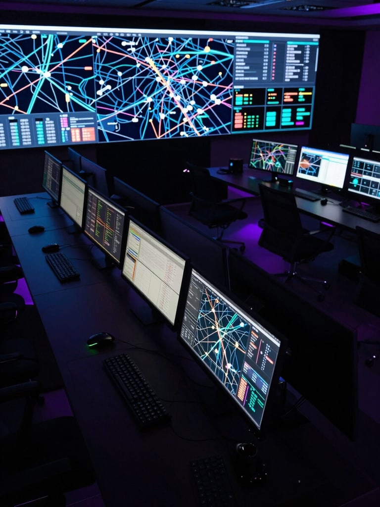 Wide panoramic overhead angle of a multi-monitor command center environment, deep black surfaces with neon purple ambient glow, live digital map spanning multiple screens showing vehicle tracking nodes and network data streams, glowing UI overlays with coordinates and status indicators, low dramatic underlighting, cinematic film look, no human faces
