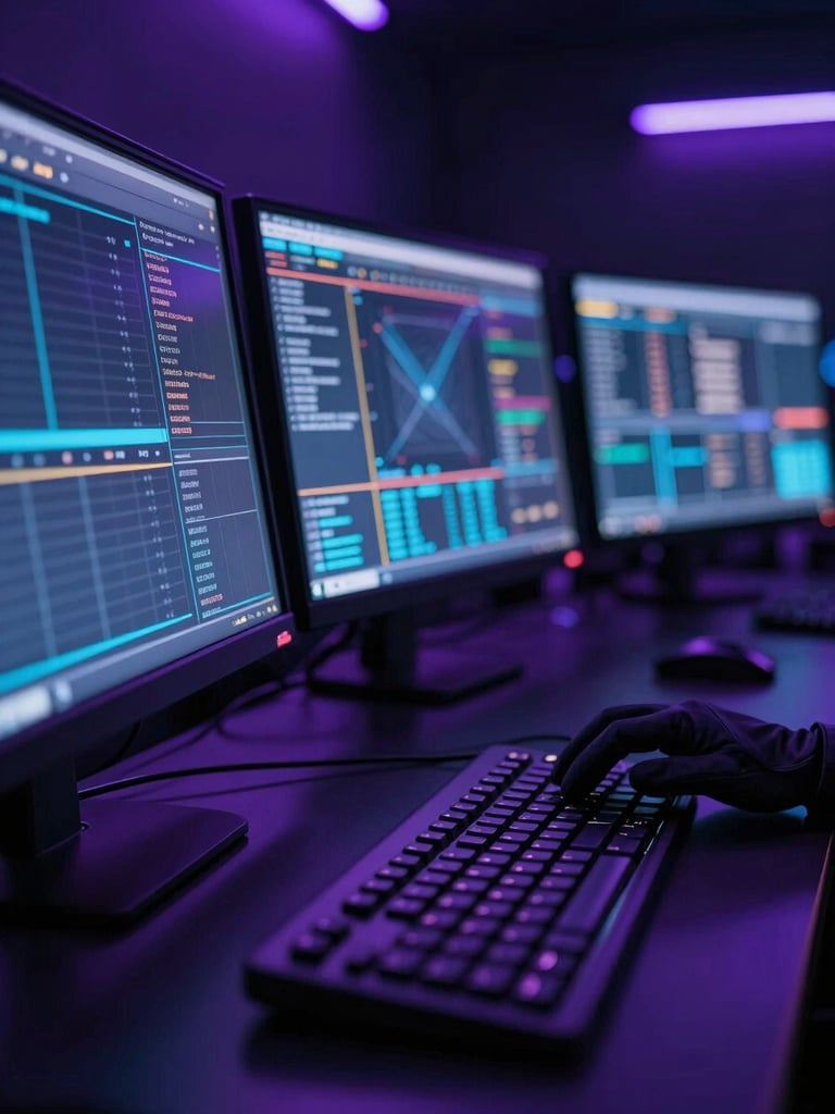 Extreme close-up of a multi-monitor command console in a dark control room, screens casting deep violet and electric blue light across matte black surfaces, a single gloved hand resting on a tactile keyboard in the lower-right foreground, data streams and GPS coordinate grids reflected in the glass panels, cinematic depth-of-field with the background monitors softly blurred into neon halos, rim lighting from below the console edge, no faces, no text