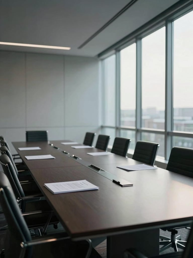 Wide interior of a modern boardroom, long dark conference table receding toward tall windows on the right, cool natural daylight raking across the surface, empty chairs, documents and a pen placed mid-table, no people visible — architectural stillness