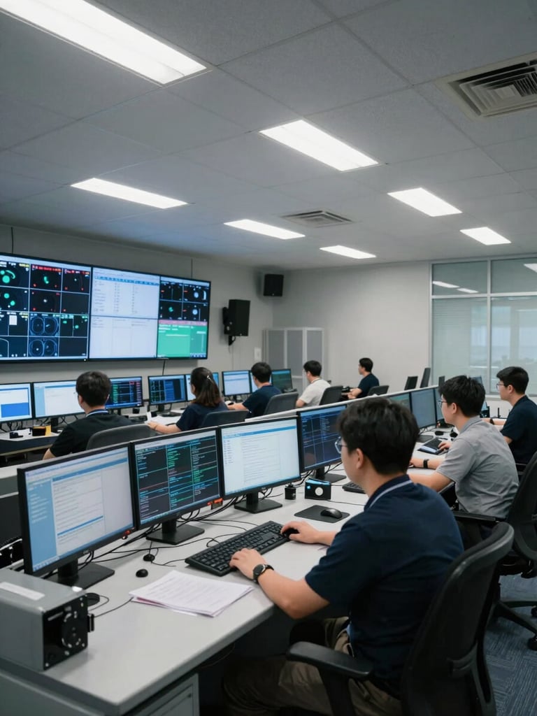 Wide-angle view of a live operations control room, multiple monitors displaying real-time dashboards, a professional technician seated at a workstation under bright clean fluorescent lighting, screens casting cool blue glow, overhead perspective showing rows of equipment