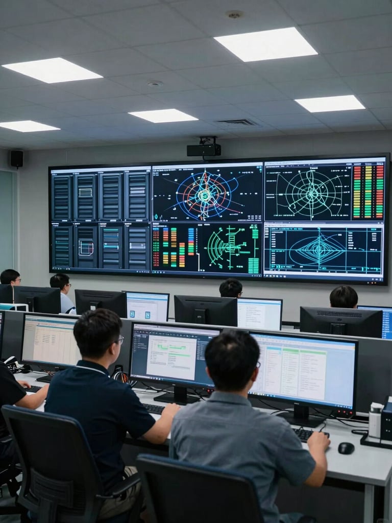 Wide-angle view of an operations center control room, multiple large monitoring screens displaying real-time server metrics and network graphs, two technicians seated at workstations in foreground, bright cool fluorescent overhead lighting, focus on the screens showing data dashboards, no posed expressions