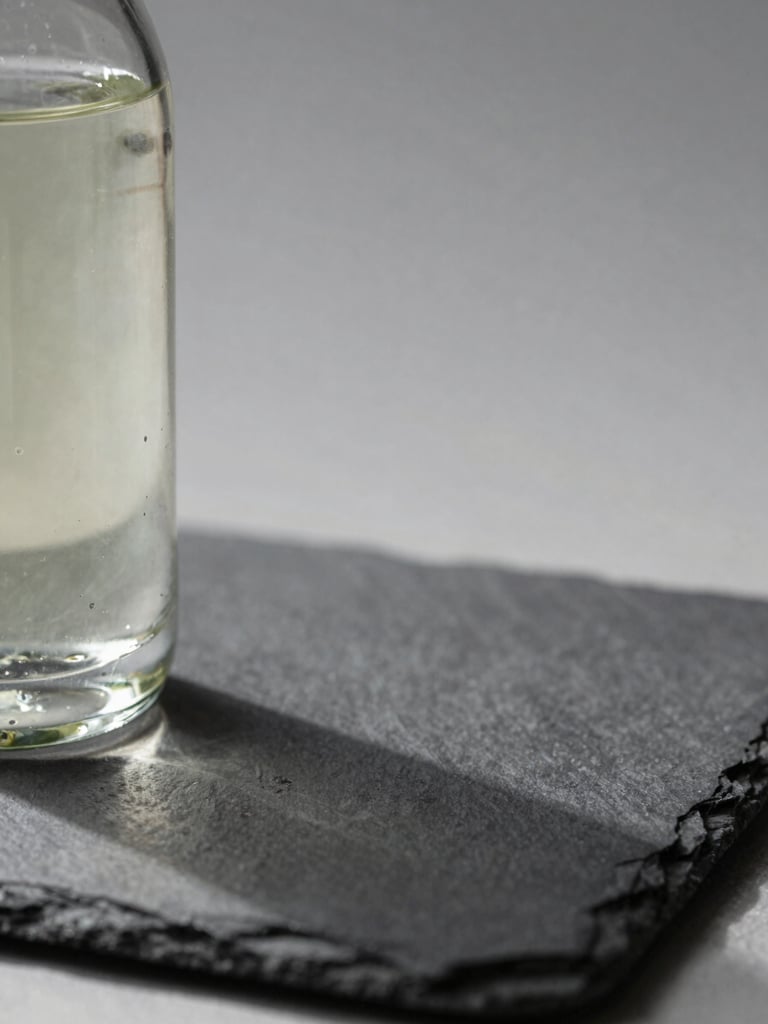 Portrait-format extreme close-up of a single commercial product — a glass bottle — on a matte slate surface, north-facing daylight from the left, deep ink shadow on right, deliberate composition with empty negative space at top