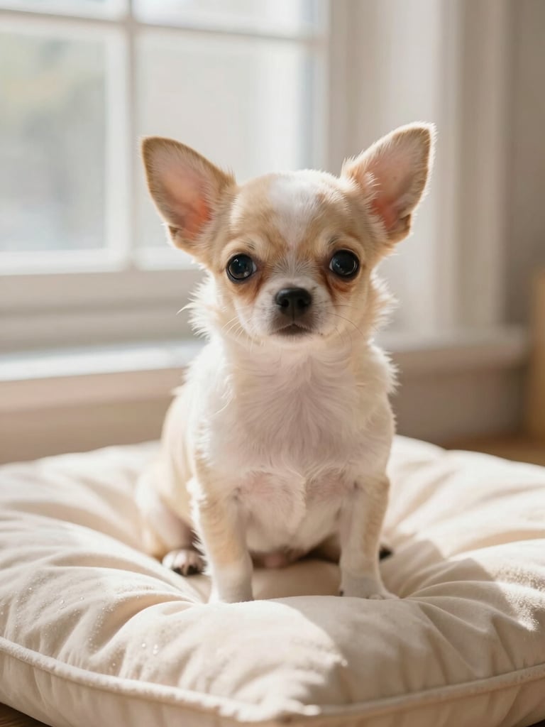 A beautiful close-up of a tiny Chihuahua puppy with bright, clear eyes sitting on a soft champagne cushion, warm natural window light, shallow depth of field.