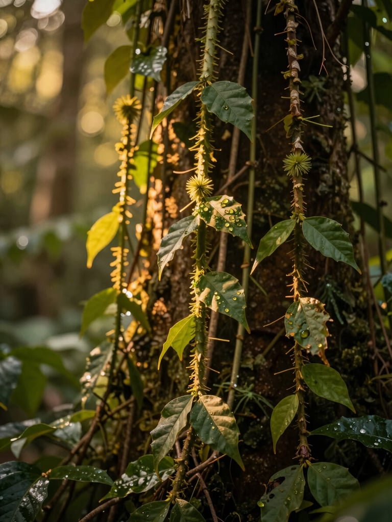 Macro shot of sacred ayahuasca vines and forest flora, soft dappled golden-hour light filtering through leaves, shallow depth of field, warm editorial photography