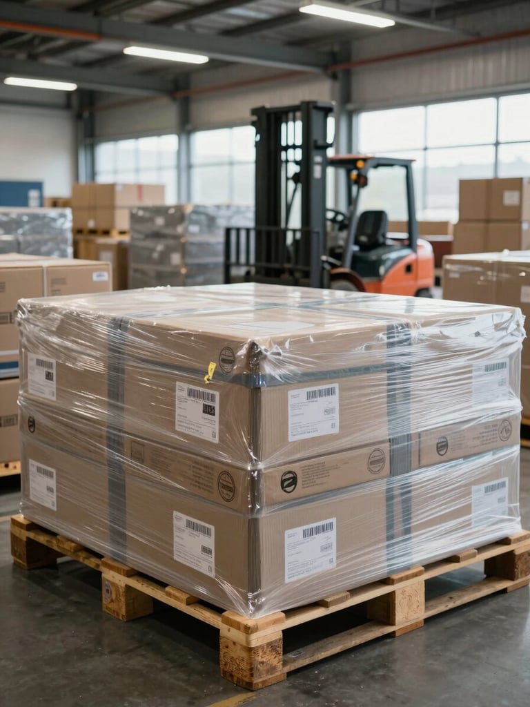 Close-up wide shot of a logistics warehouse interior, stacked wrapped furniture and labeled boxes on wooden pallets under overhead industrial lighting, a forklift visible in the background mid-aisle, daylight entering through high windows