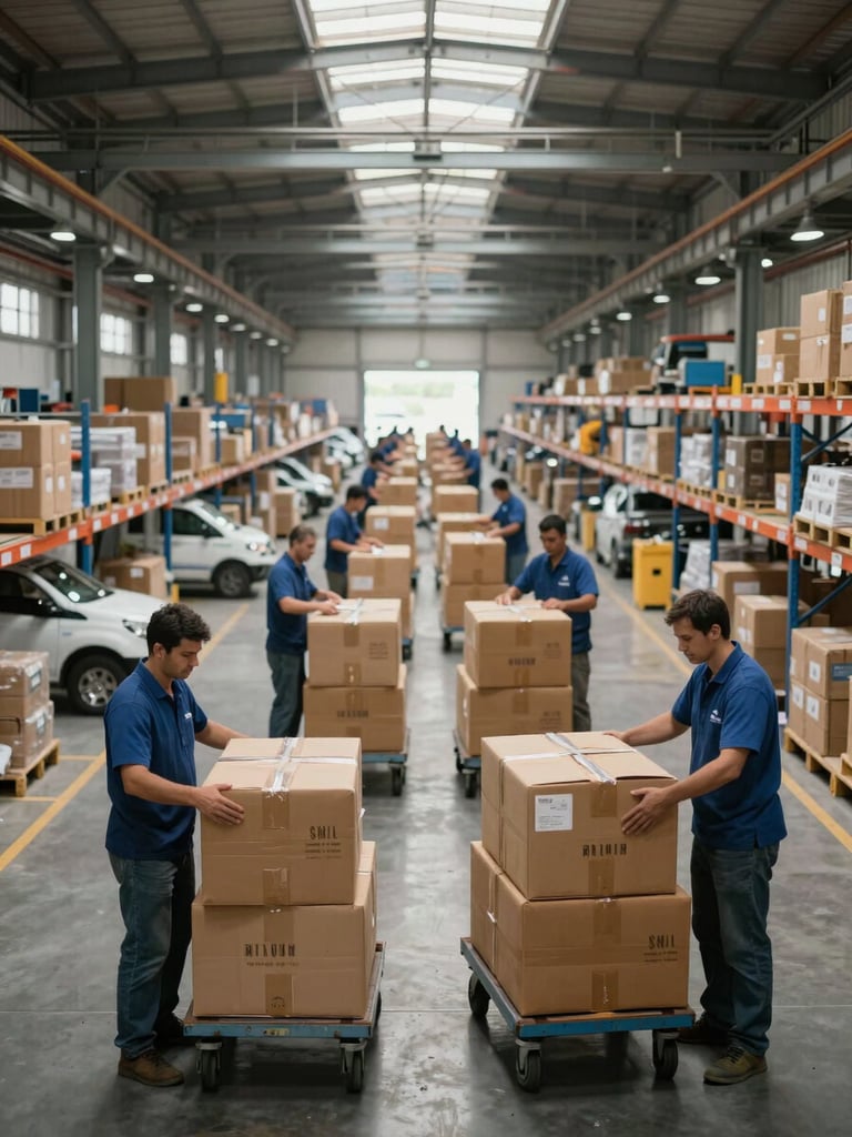 Wide-angle view inside a large urban cargo sorting facility, workers actively loading parcels onto wheeled carts in the foreground, rows of shelving and vehicles stretching deep into the background, daylight streaming through industrial skylights, strong depth-of-field separation between foreground activity and the hazy facility depth