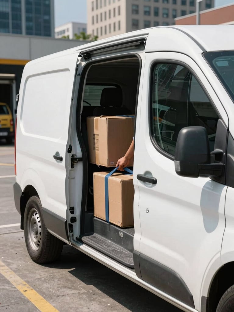 Close-up of a MiniKargo light commercial cargo van parked at an urban loading bay, driver's hands securing cargo straps on stacked parcels in the vehicle bed, concrete dock and city buildings visible in the background, midday daylight with sharp shadows, documentary framing