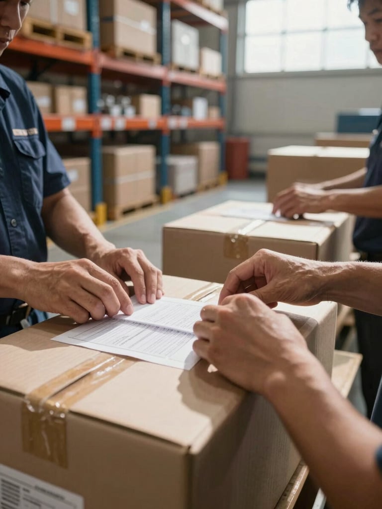 Close-up documentary shot of logistics workers sorting cargo packages on a warehouse floor, hands actively labeling and stacking, depth-of-field blurring a row of shelving in the background, daylight from high warehouse windows casting defined shadows