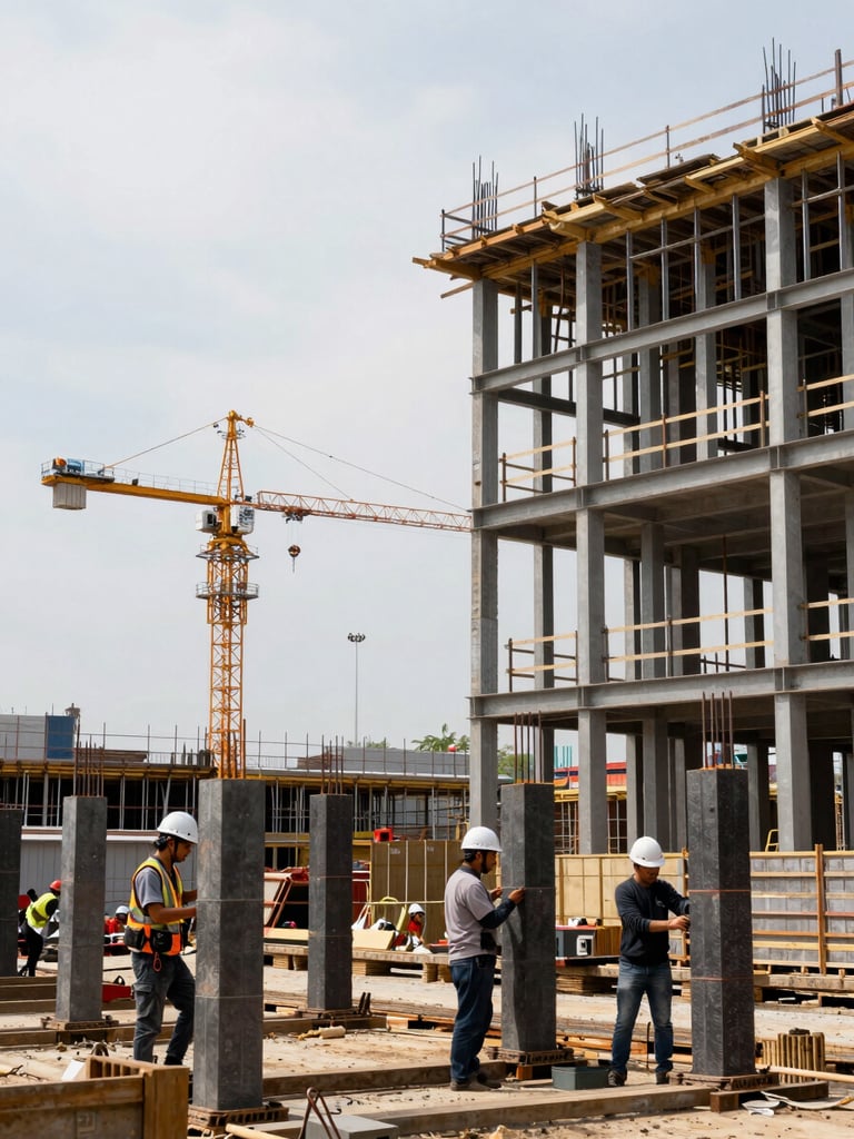Wide daylight view of an active construction site, steel framework rising on the right third, workers in hard hats assembling structural columns in the foreground, deep depth-of-field separating them from cranes and scaffolding in the background, overcast bright sky, no staging