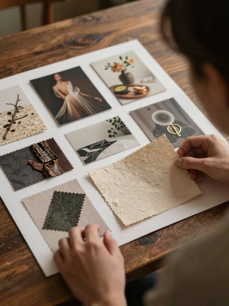 Intimate over-the-shoulder shot of hands arranging physical mood boards on a rustic table, textured paper, bark details, and fabric samples under soft, warm directional light.